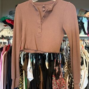 Women's Brown Henley Crop Top